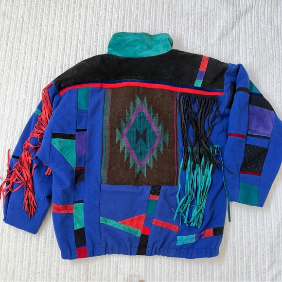 Vintage SFR Southwestern Boho Patchwork Bomber Fleece Jacket | Size L - Picture 7 of 8